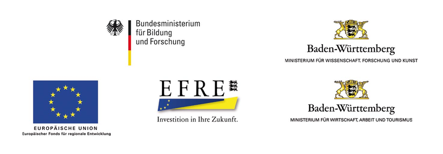 Logos von Bundesministerium für Bildung und Forschung, EU/Fonds für regionale Entwicklung, Ministerium für Wissenschaft, Forschung und Kunst B-W,  Ministerium für Wirtschaft, Arbeit und Tourismus B-W